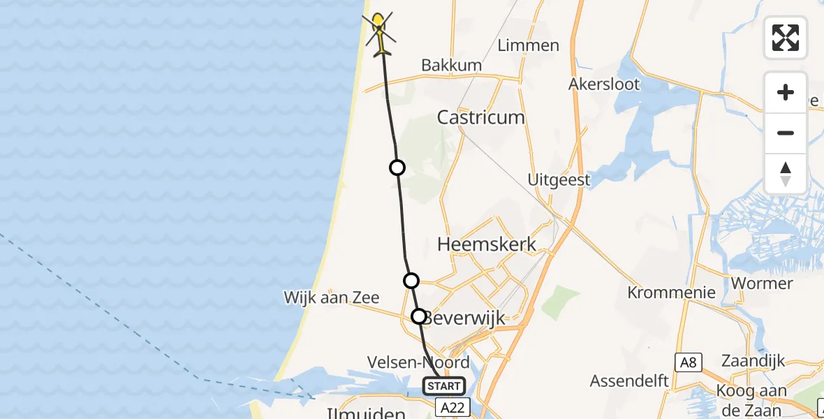 Routekaart van de vlucht: Politiehelikopter naar Castricum