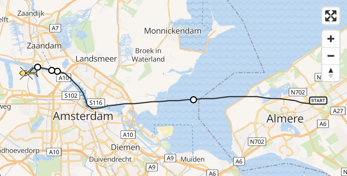 Routekaart van de vlucht: Lifeliner 1 naar Amsterdam Heliport