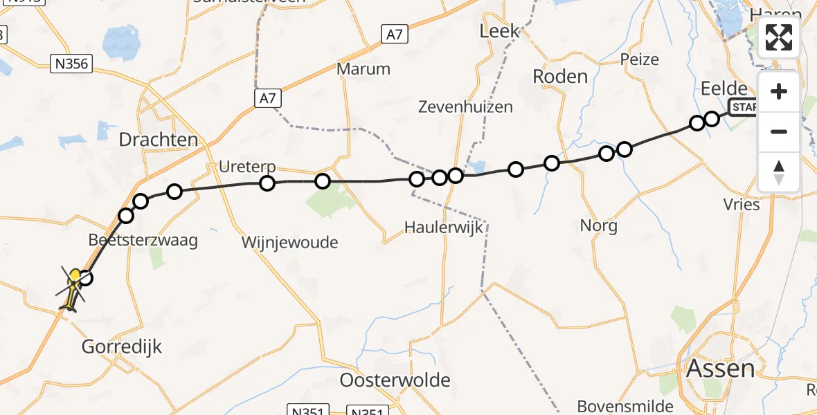 Routekaart van de vlucht: Lifeliner 4 naar Terwispel