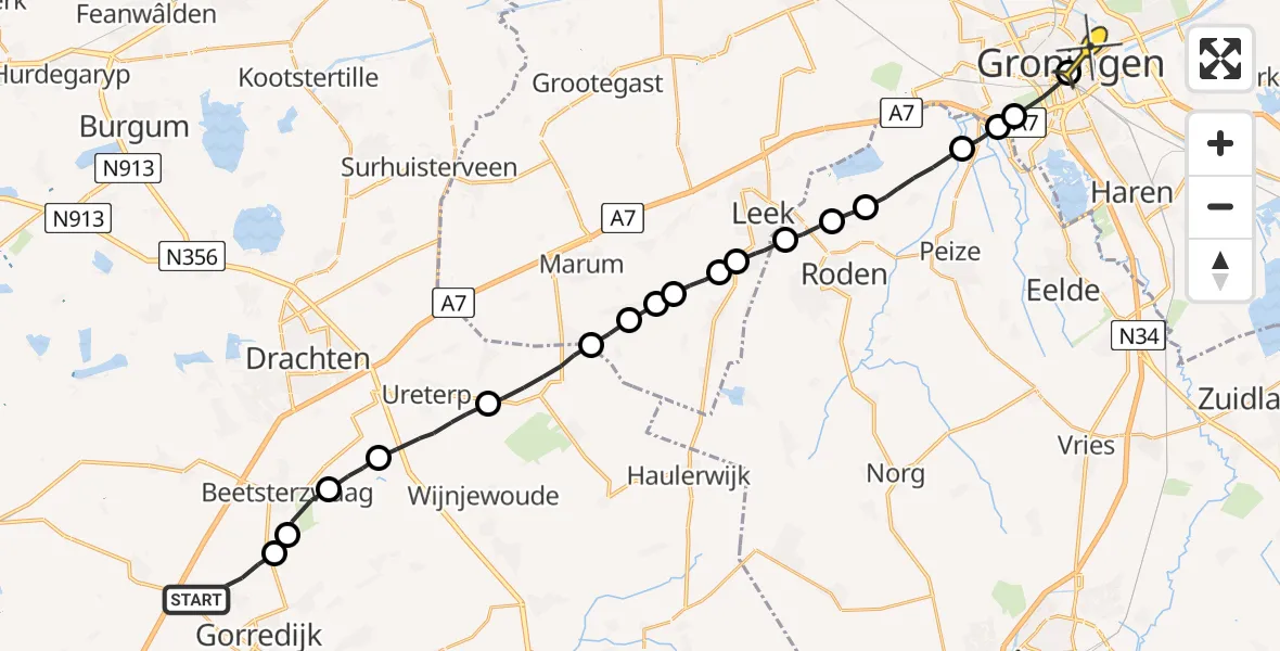 Routekaart van de vlucht: Lifeliner 4 naar Universitair Medisch Centrum Groningen