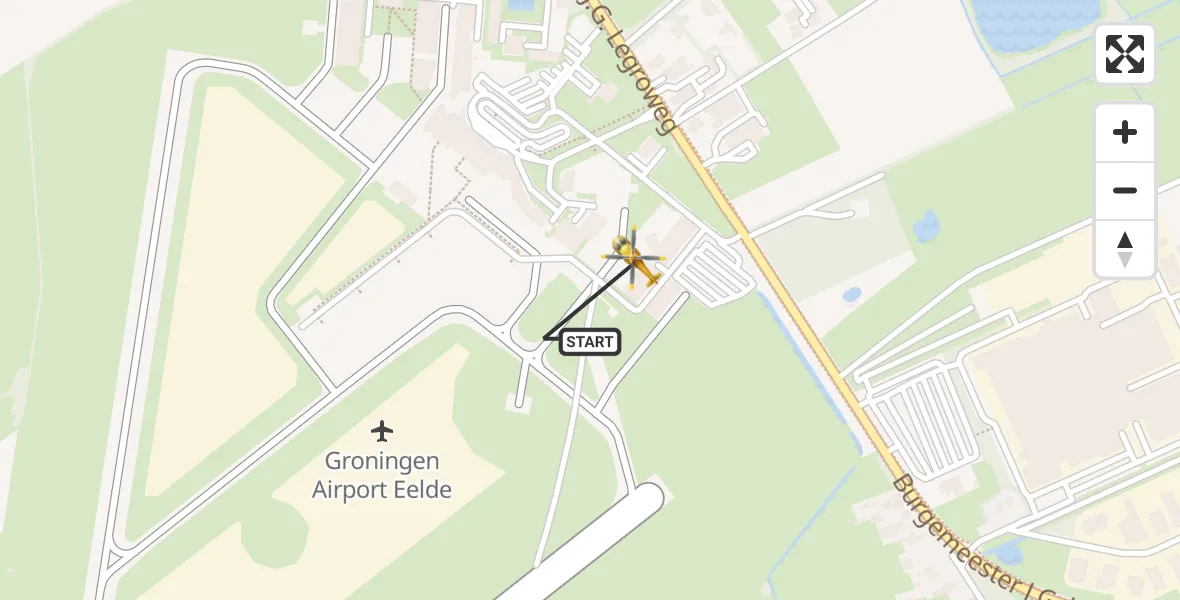 Vluchtroute Traumahelikopter van Groningen Airport Eelde naar Groningen Airport Eelde