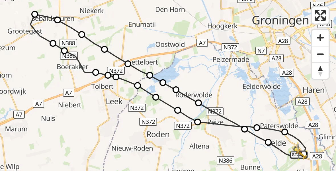 Vluchtroute Traumahelikopter van Groningen Airport Eelde naar Groningen Airport Eelde
