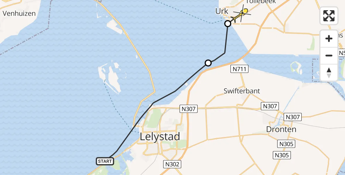 Routekaart van de vlucht: Politiehelikopter naar Urk