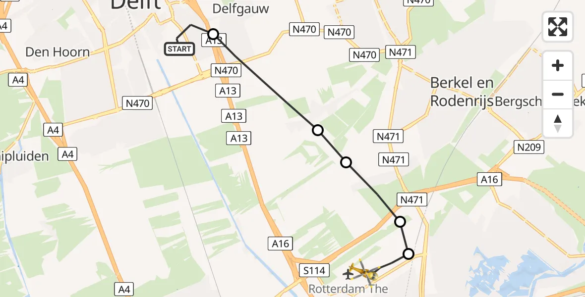 Vluchtroute Traumahelikopter Delft - Rotterdam The Hague Airport, 09 september 2022, 15:23