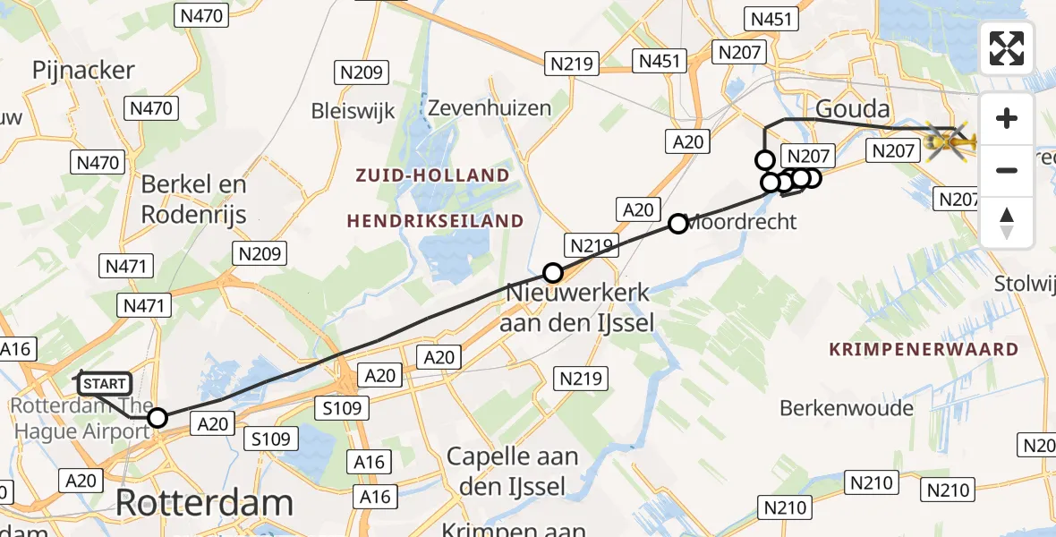 Vluchtroute Traumahelikopter Rotterdam The Hague Airport - Gouda, 09 september 2022, 15:48