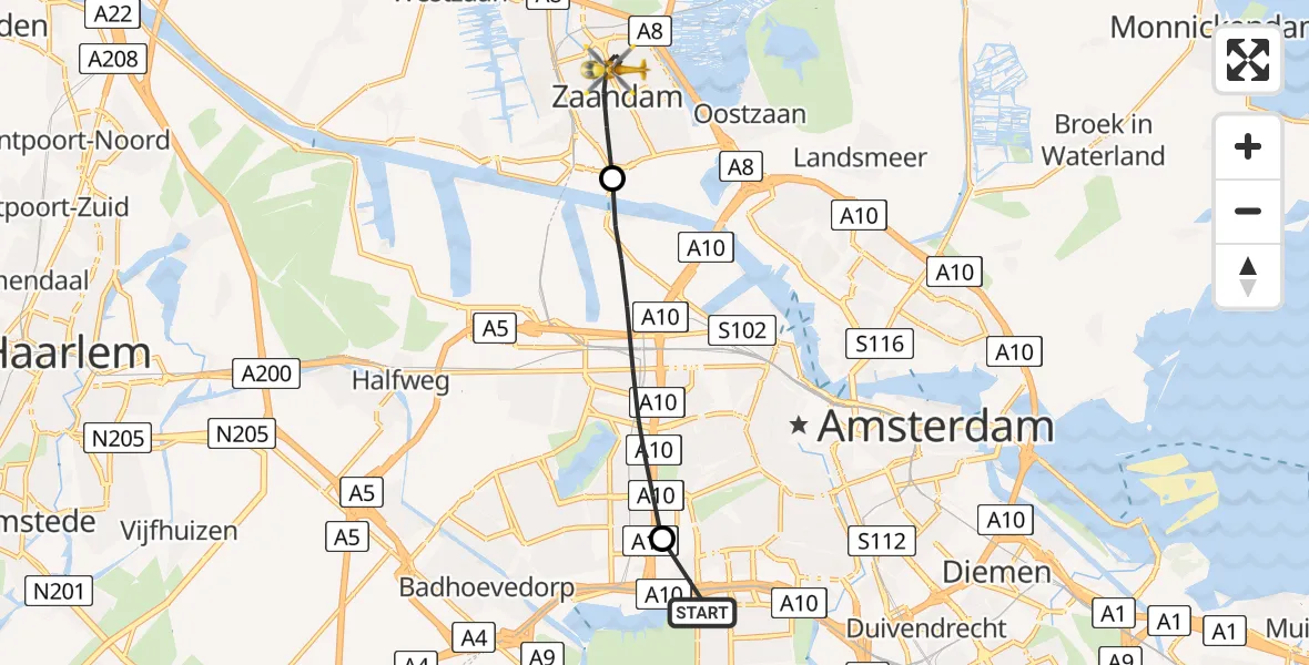 Vluchtroute Traumahelikopter VU Medisch Centrum Amsterdam - Zaandam, 09 september 2022, 16:18