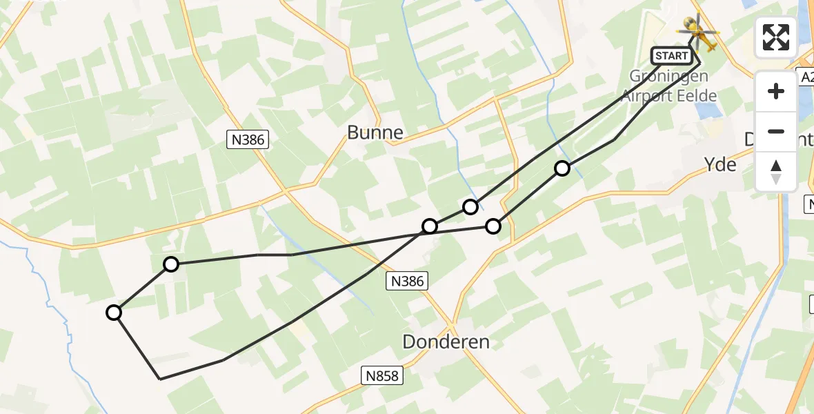 Vluchtroute Traumahelikopter van Groningen Airport Eelde naar Groningen Airport Eelde