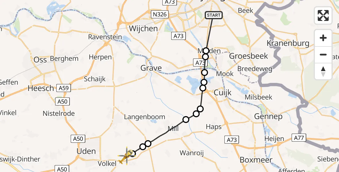 Vluchtroute Traumahelikopter Radboud Universitair Medisch Centrum - Vliegbasis Volkel, 09 september 2022, 19:05