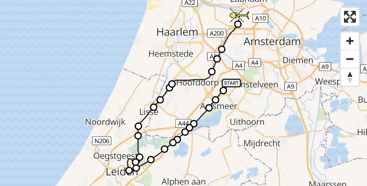 Routekaart van de vlucht: Lifeliner 1 naar Amsterdam Heliport