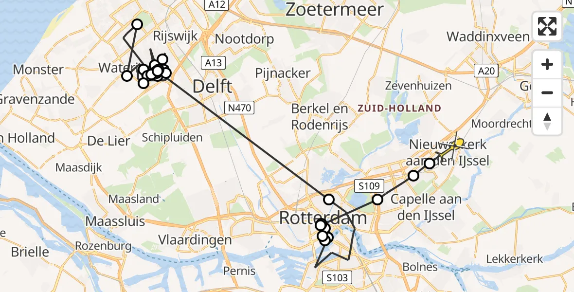 Routekaart van de vlucht: Politieheli naar Nieuwerkerk aan den IJssel