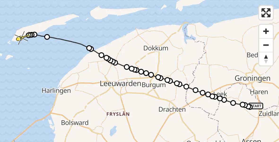 Routekaart van de vlucht: Lifeliner 4 naar West-Terschelling