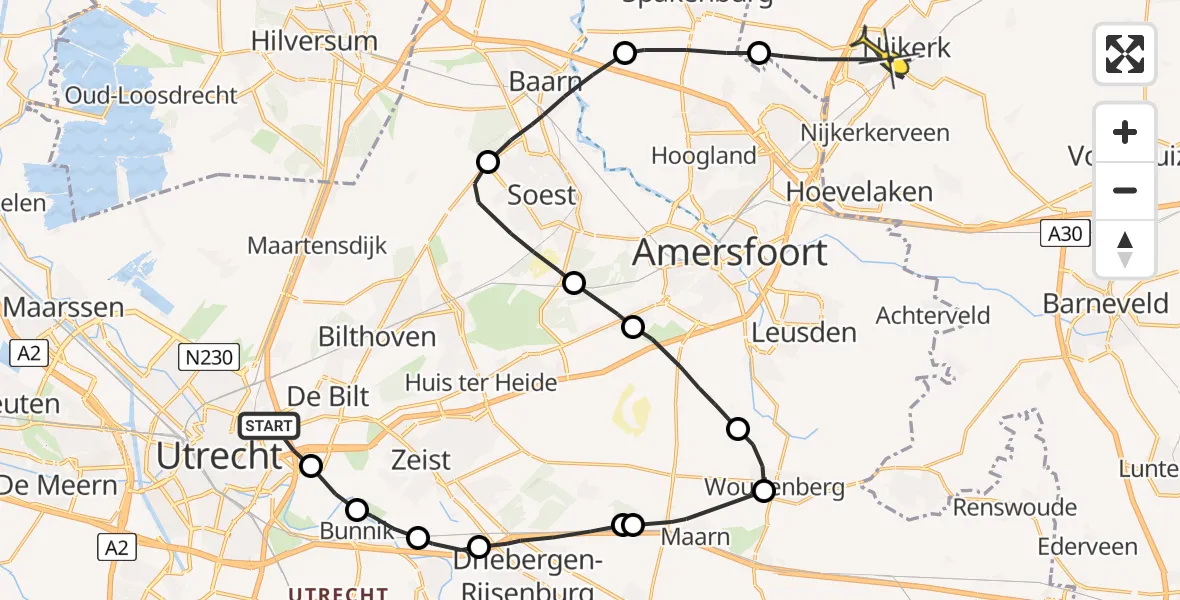 Routekaart van de vlucht: Politieheli naar Nijkerk