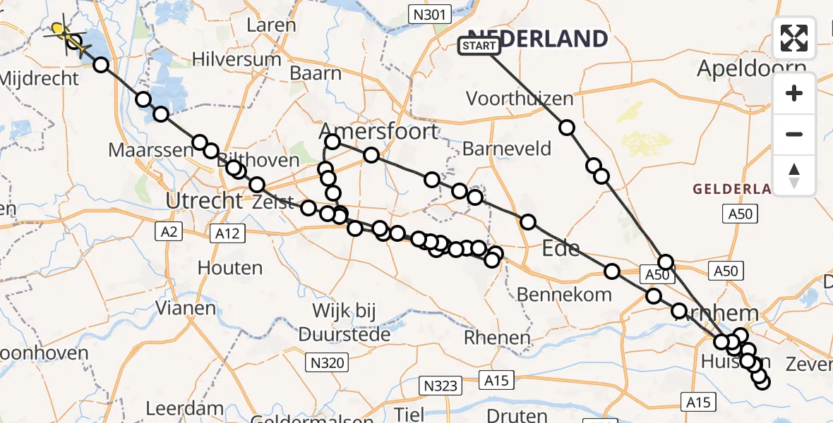 Routekaart van de vlucht: Politieheli naar Waverveen