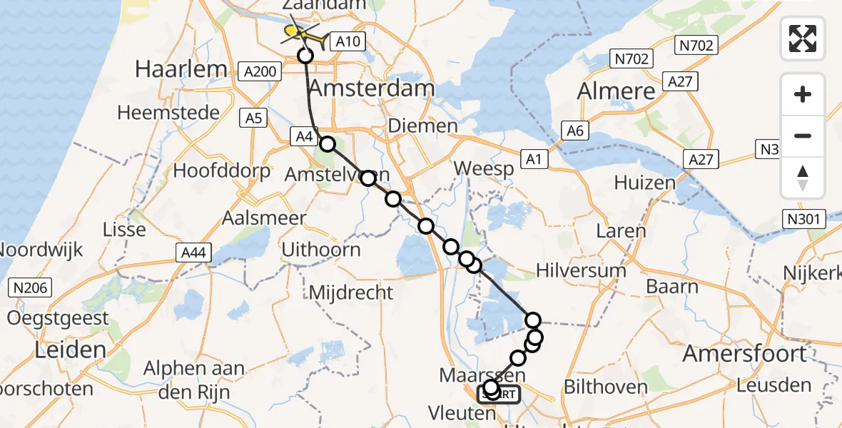 Routekaart van de vlucht: Lifeliner 1 naar Amsterdam Heliport