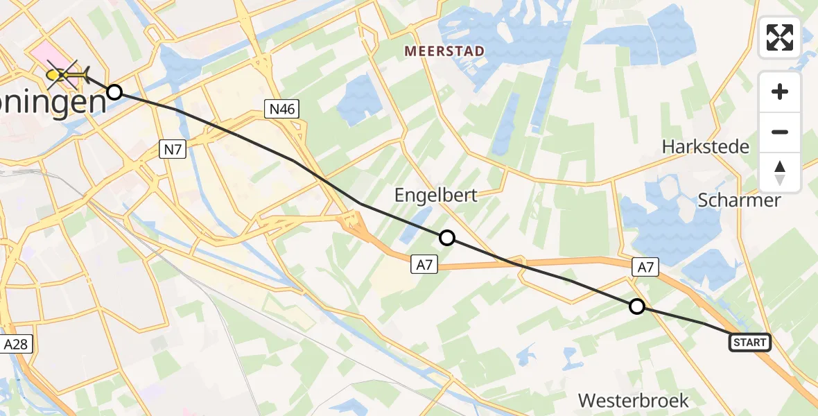 Routekaart van de vlucht: Lifeliner 4 naar Universitair Medisch Centrum Groningen