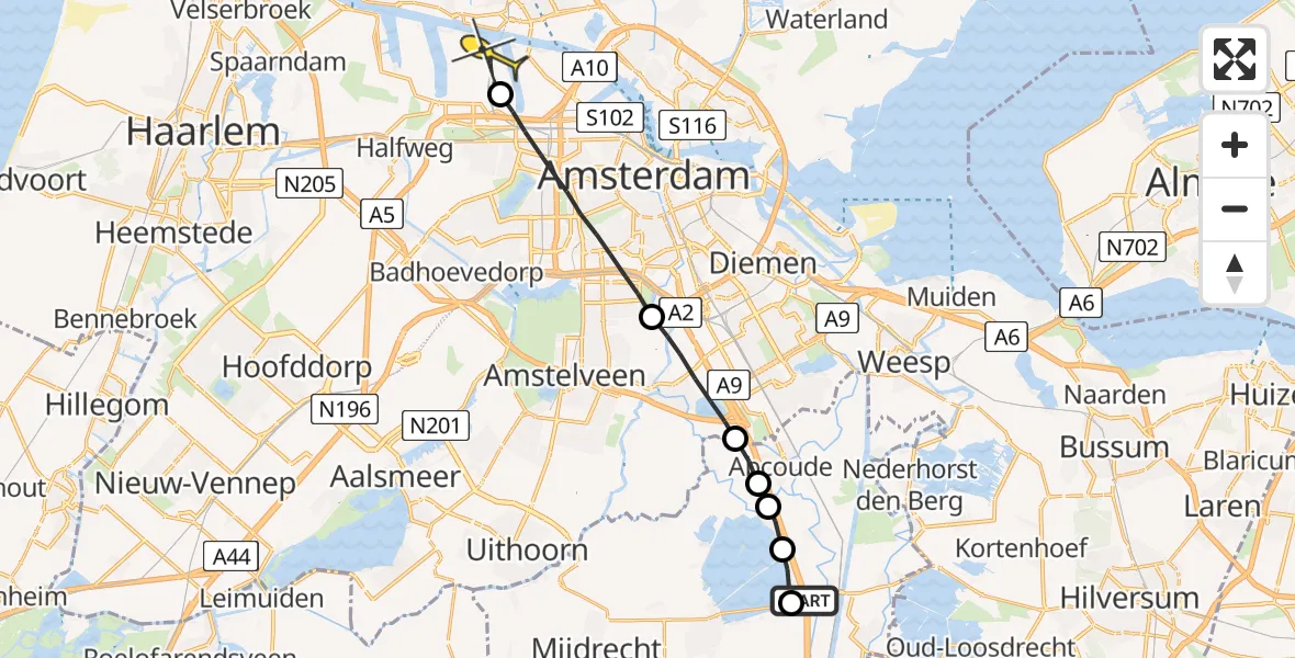 Routekaart van de vlucht: Lifeliner 1 naar Amsterdam Heliport