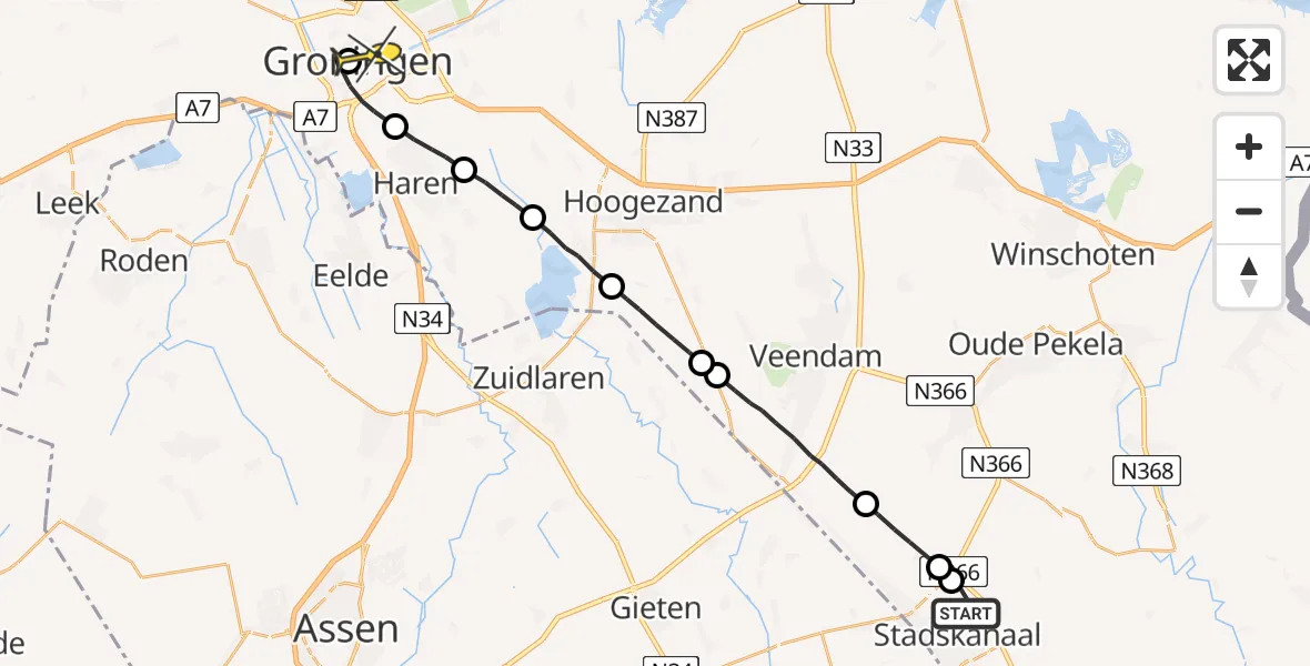 Routekaart van de vlucht: Lifeliner 4 naar Universitair Medisch Centrum Groningen