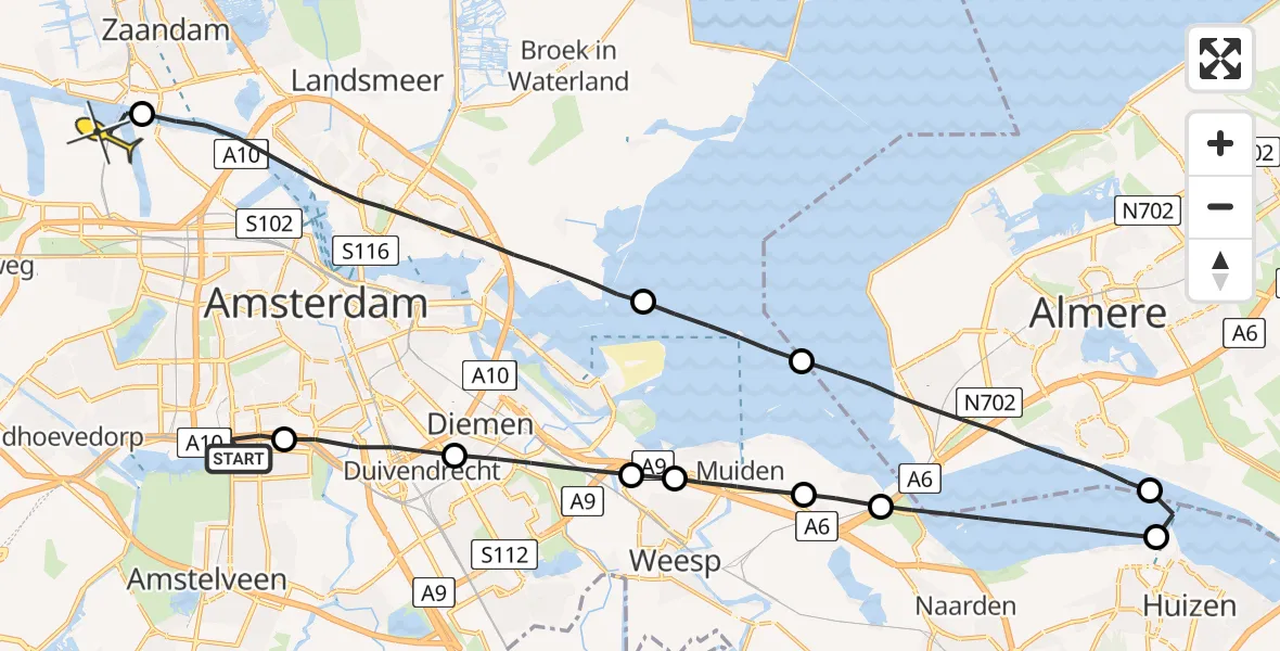 Routekaart van de vlucht: Lifeliner 1 naar Amsterdam Heliport