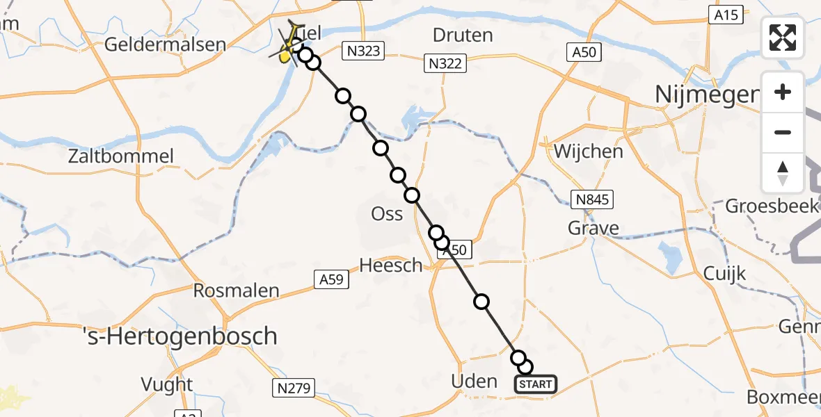 Routekaart van de vlucht: Lifeliner 3 naar Tiel