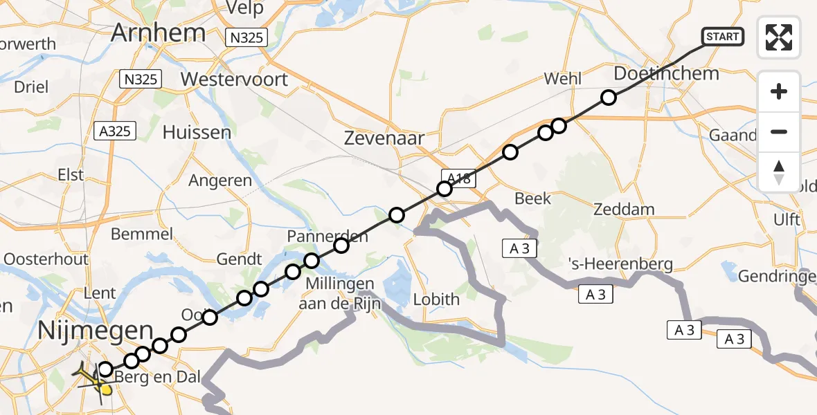 Routekaart van de vlucht: Lifeliner 1 naar Radboud Universitair Medisch Centrum