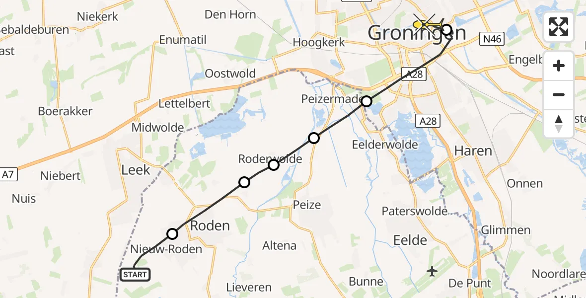 Routekaart van de vlucht: Lifeliner 4 naar Universitair Medisch Centrum Groningen