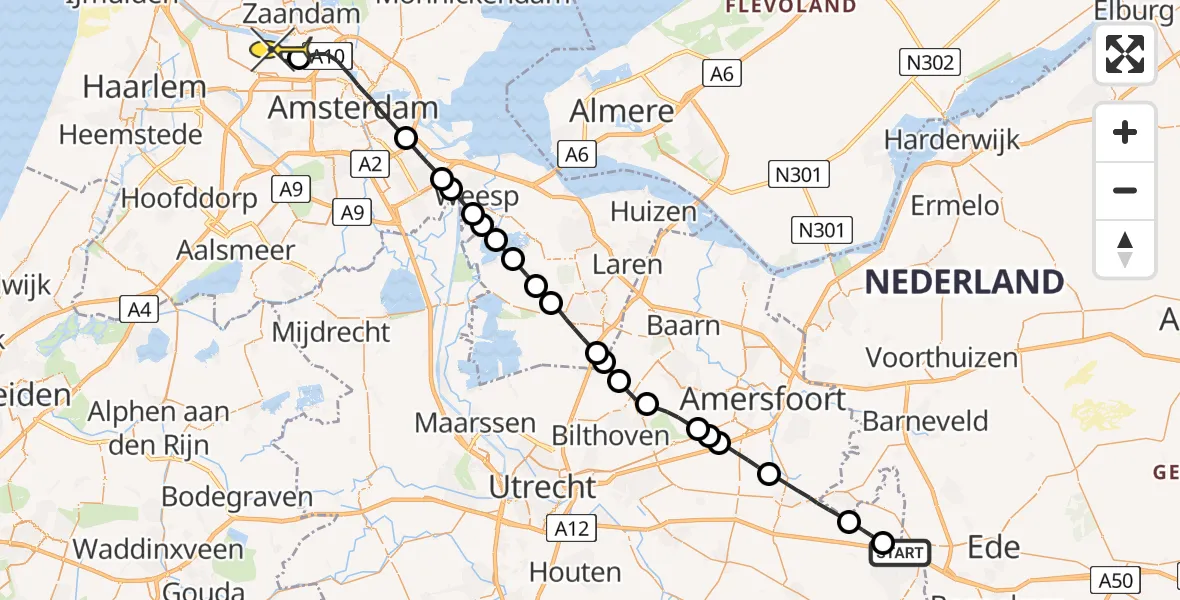 Routekaart van de vlucht: Lifeliner 1 naar Amsterdam Heliport