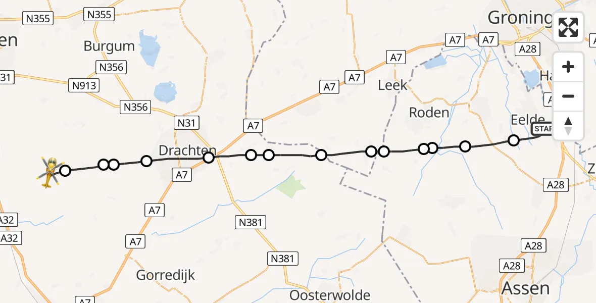 Vluchtroute Traumahelikopter Groningen Airport Eelde - Goëngahuizen, 13 september 2022, 14:23