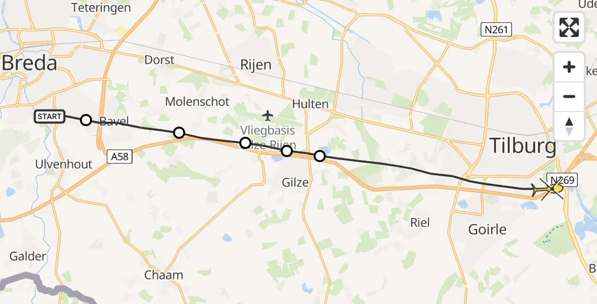 Routekaart van de vlucht: Lifeliner 2 naar Tilburg