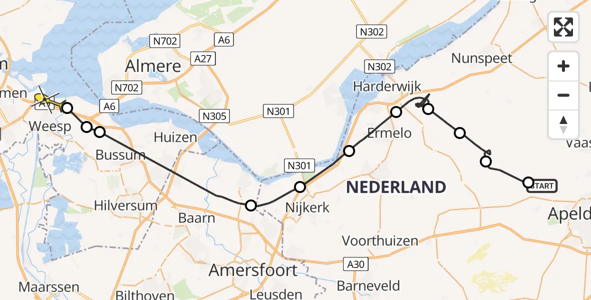 Routekaart van de vlucht: Politiehelikopter naar Muiden