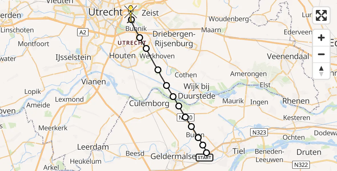 Routekaart van de vlucht: Lifeliner 3 naar Universitair Medisch Centrum Utrecht