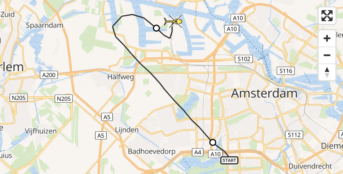 Routekaart van de vlucht: Lifeliner 1 naar Amsterdam Heliport