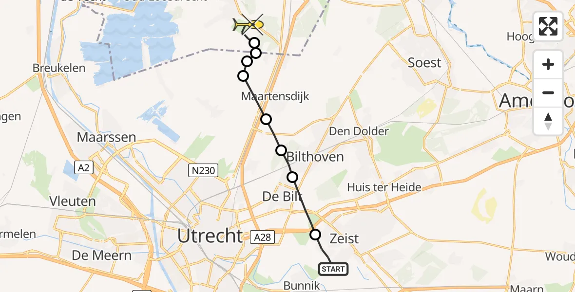 Routekaart van de vlucht: Lifeliner 1 naar Vliegveld Hilversum