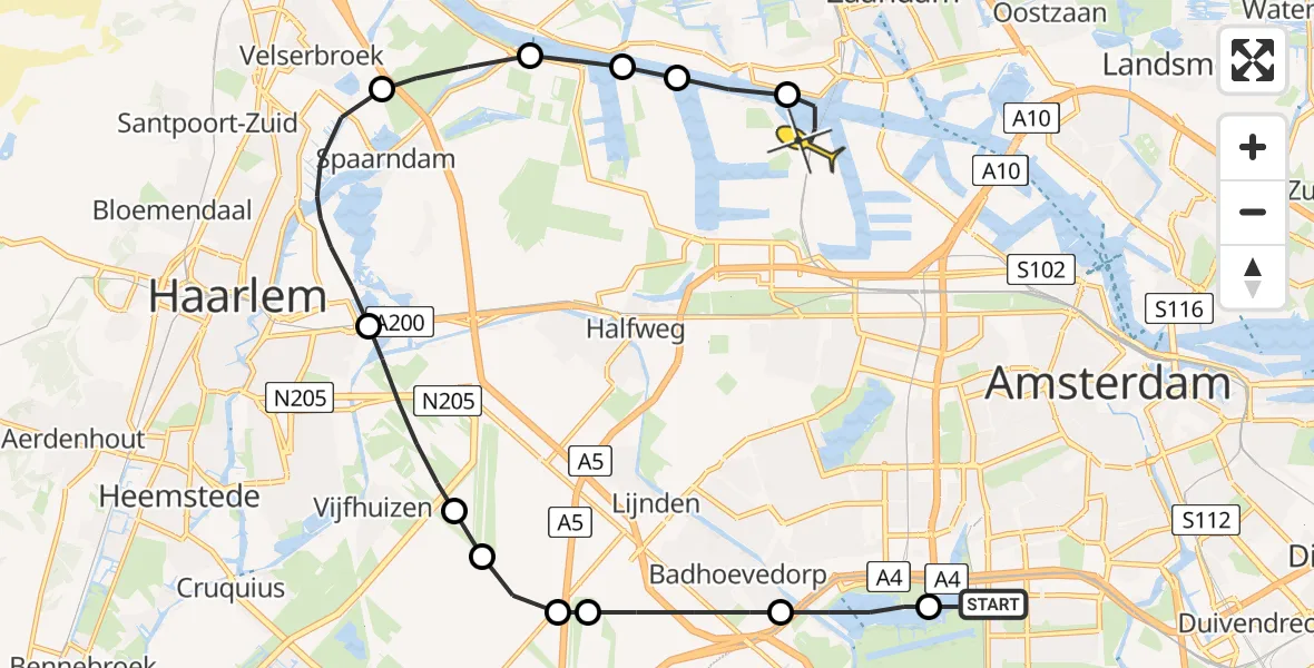 Routekaart van de vlucht: Lifeliner 1 naar Amsterdam Heliport