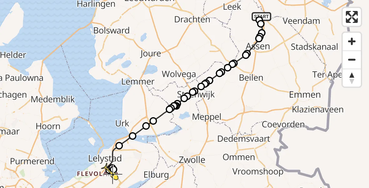 Routekaart van de vlucht: Traumaheli naar Lelystad Airport