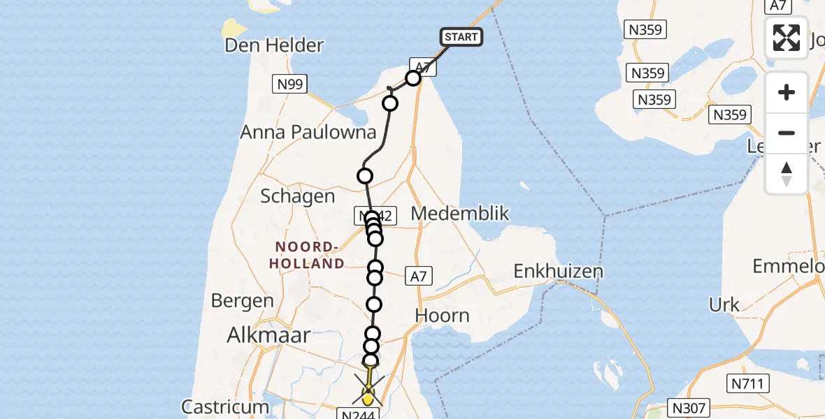Routekaart van de vlucht: Politieheli naar Middenbeemster