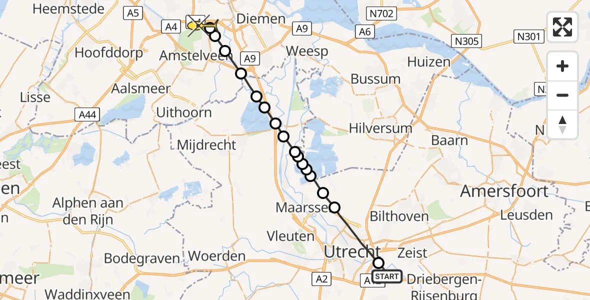 Routekaart van de vlucht: Lifeliner 1 naar VU Medisch Centrum Amsterdam