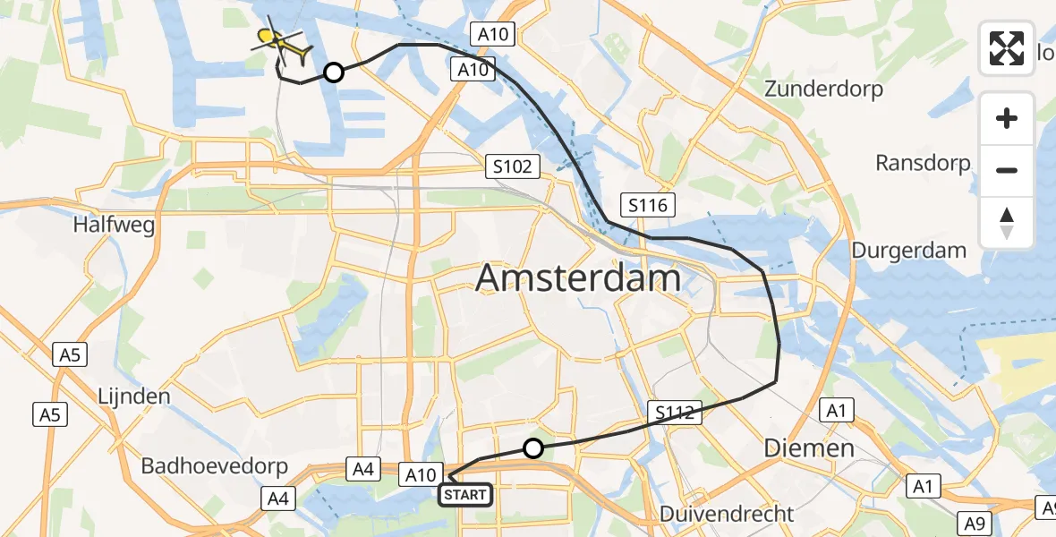 Routekaart van de vlucht: Lifeliner 1 naar Amsterdam Heliport