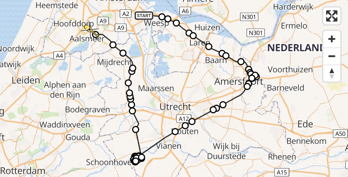 Routekaart van de vlucht: Politieheli naar Schiphol-Rijk