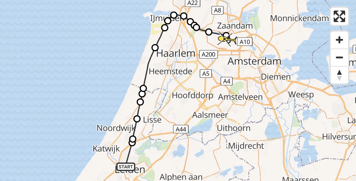 Routekaart van de vlucht: Lifeliner 1 naar Amsterdam Heliport