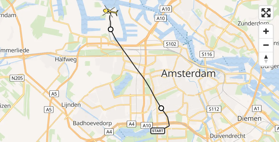 Routekaart van de vlucht: Lifeliner 1 naar Amsterdam Heliport