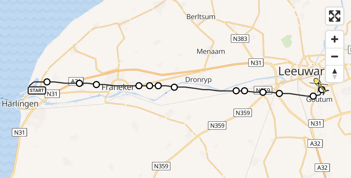 Routekaart van de vlucht: Lifeliner 4 naar Leeuwarden
