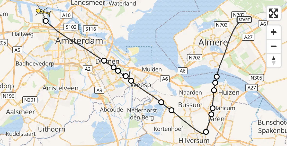 Routekaart van de vlucht: Lifeliner 1 naar Amsterdam Heliport