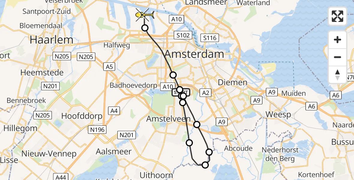 Routekaart van de vlucht: Lifeliner 1 naar Amsterdam Heliport
