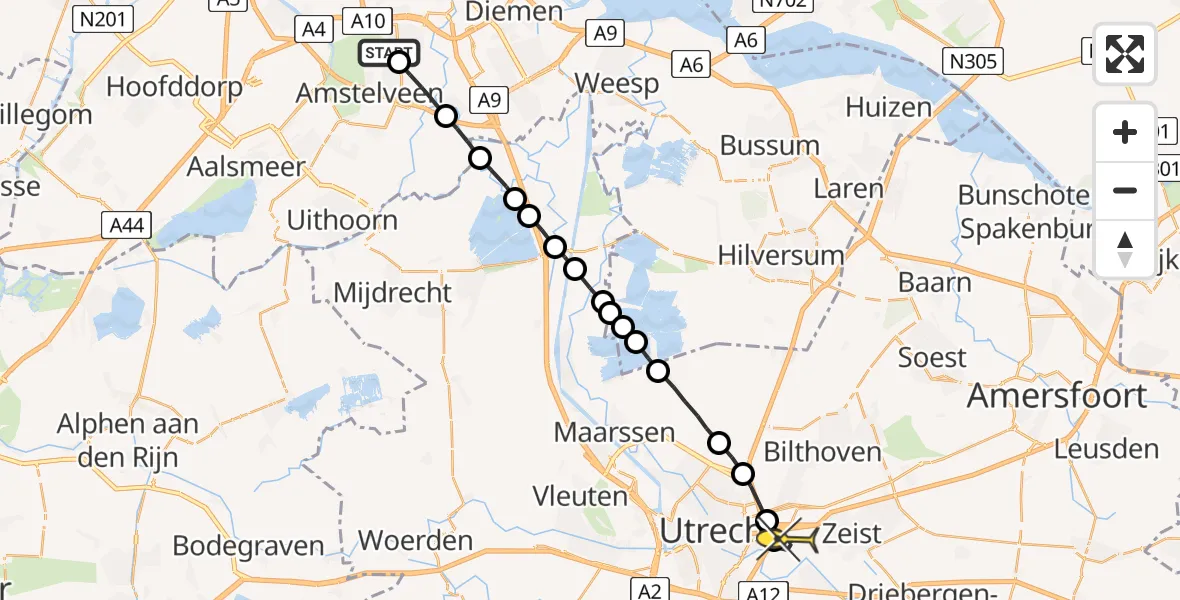 Routekaart van de vlucht: Lifeliner 1 naar Universitair Medisch Centrum Utrecht