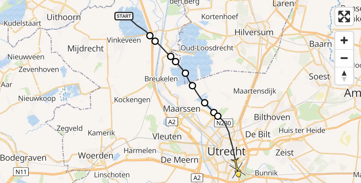 Routekaart van de vlucht: Politieheli naar Utrecht