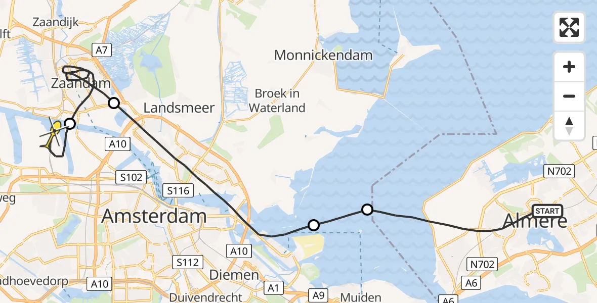 Routekaart van de vlucht: Traumaheli naar Amsterdam Heliport