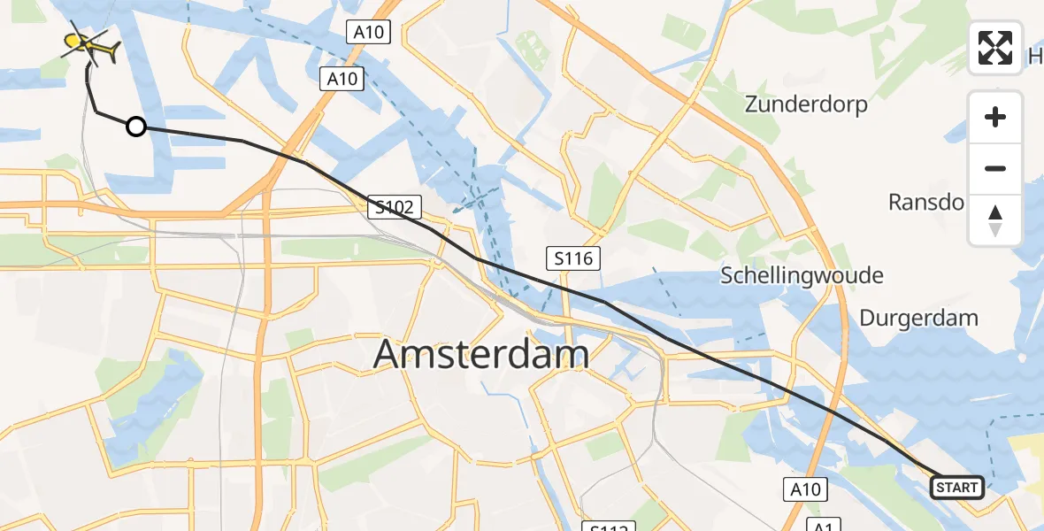 Routekaart van de vlucht: Lifeliner 1 naar Amsterdam Heliport