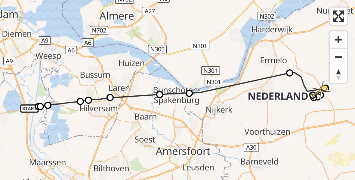 Routekaart van de vlucht: Politiehelikopter naar Ermelo