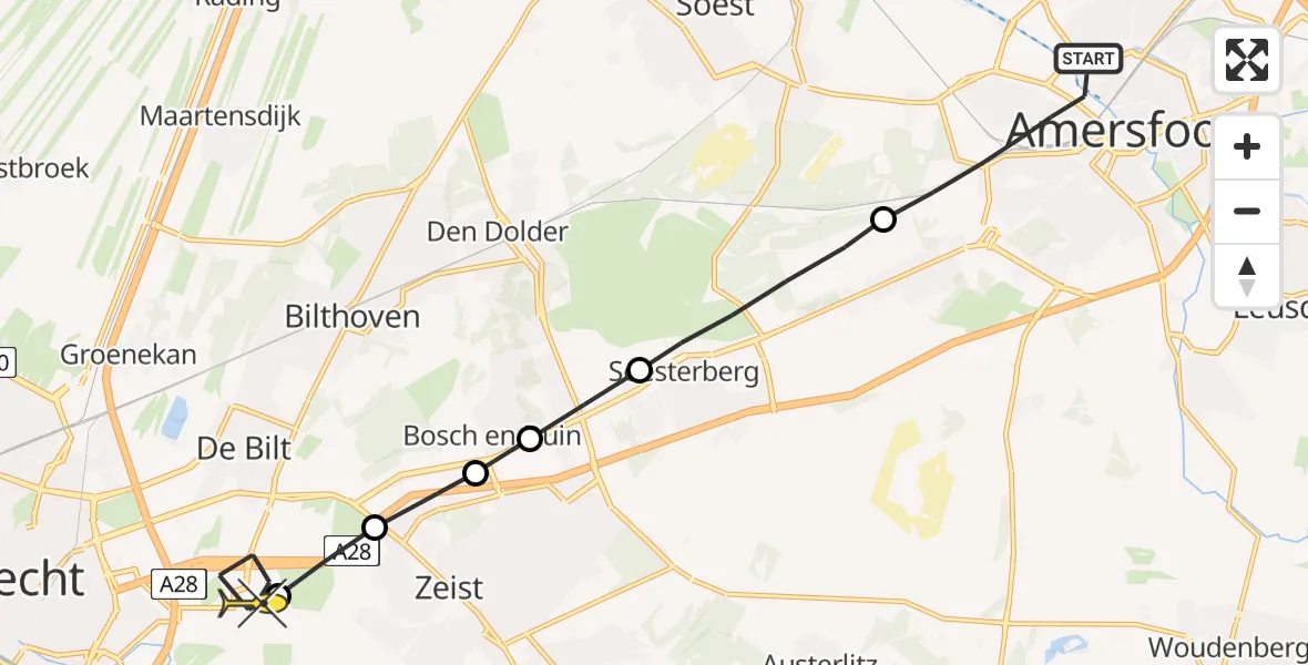 Routekaart van de vlucht: Lifeliner 1 naar Universitair Medisch Centrum Utrecht