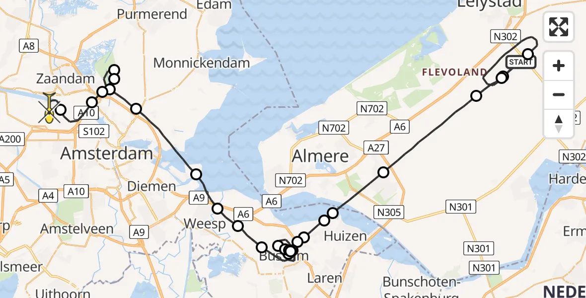 Routekaart van de vlucht: Traumaheli naar Amsterdam Heliport